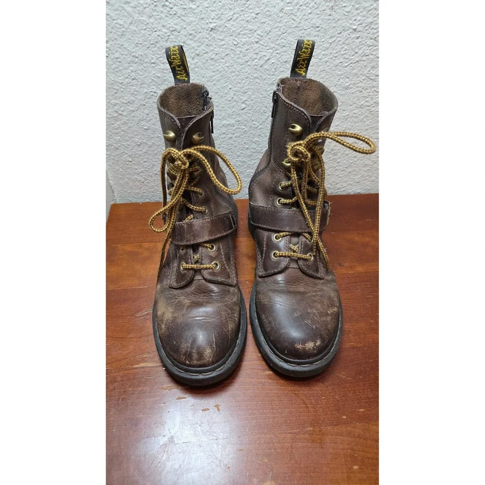 Dr. Martens Brown Leather Buckle Strap Side Zip Combat Boots Mens 8 Brown